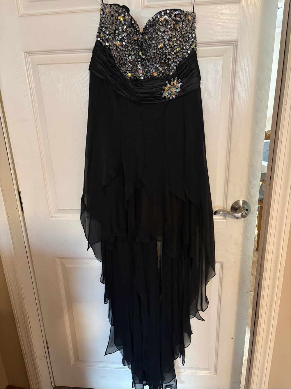 Strapless Black Sequin-Embellished Evening Dress